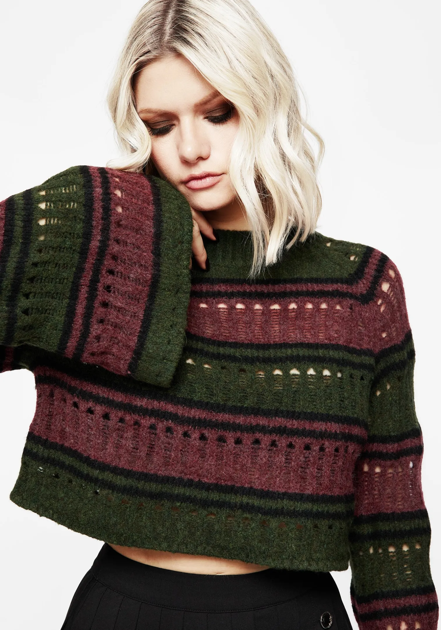 Splinter Stripe Knit Flare Sleeve Crop Sweater