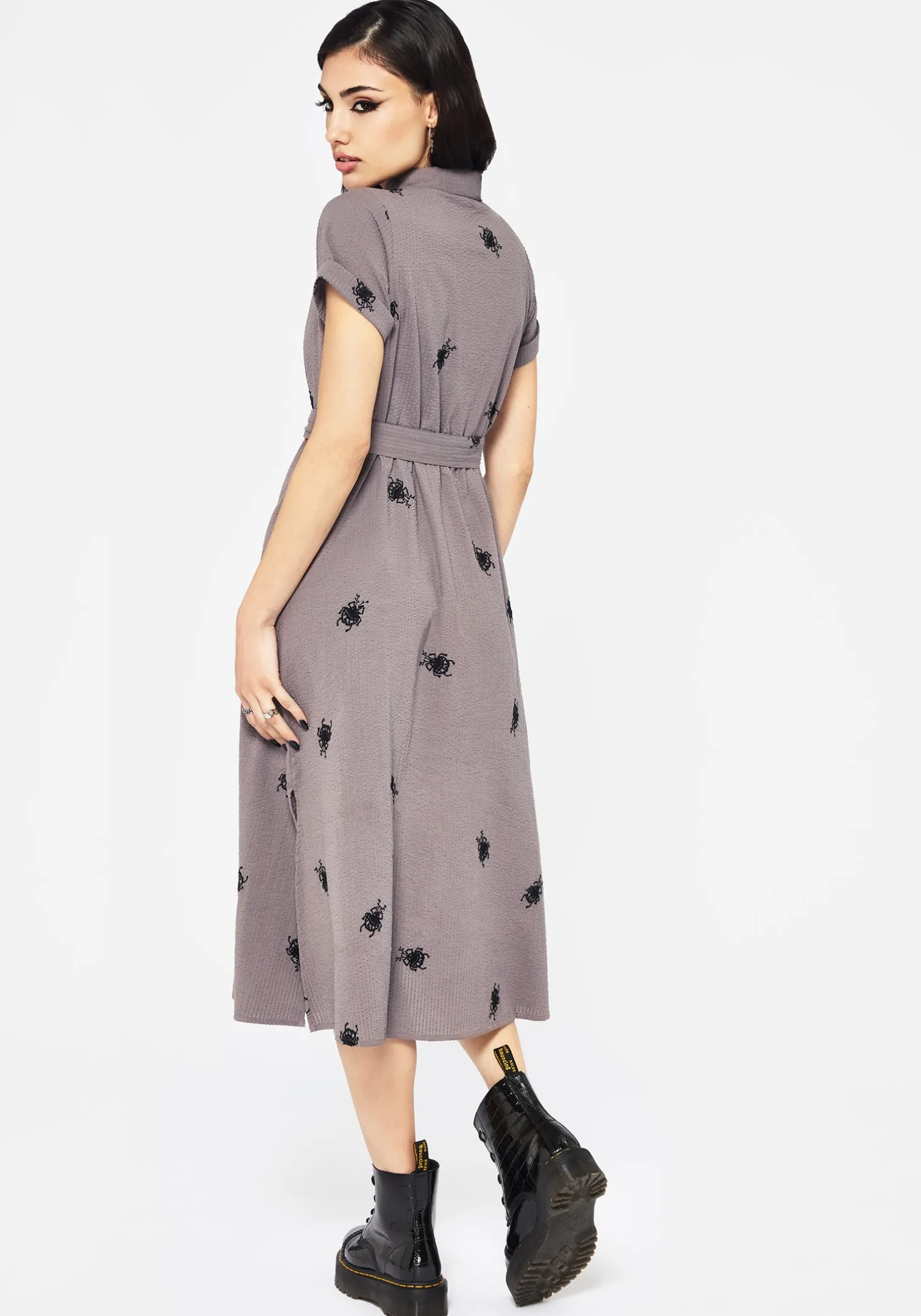 Stag Beetle Embroidered Midi Shirt Dress