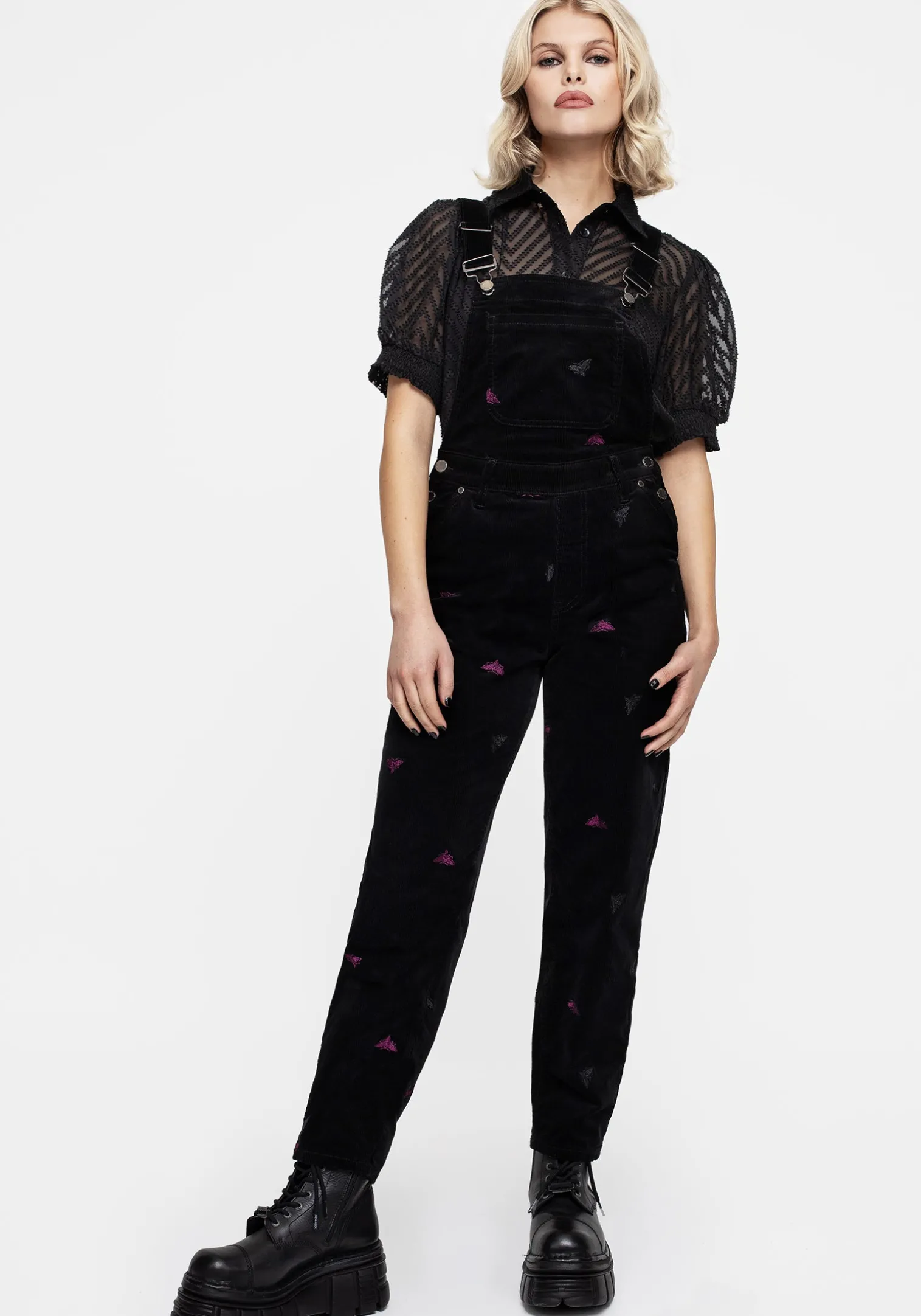 Styx Moth Embroidered Cord Balloon Leg Dungarees