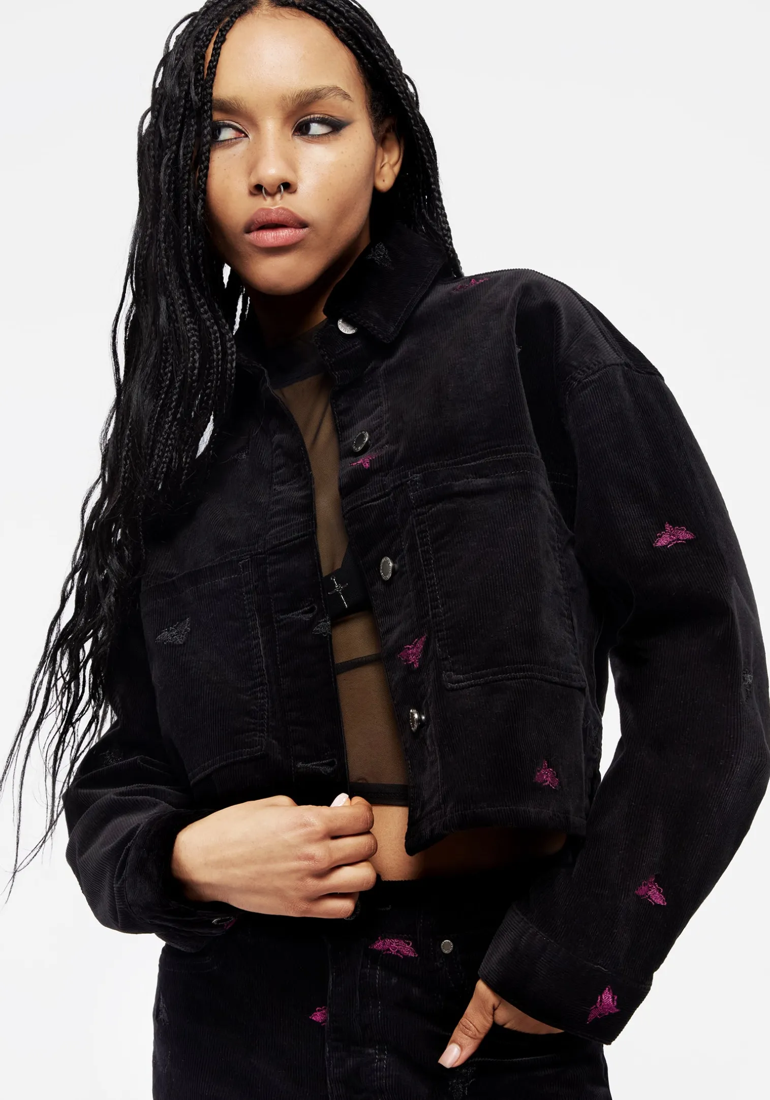 Styx Moth Embroidered Cord Shacket