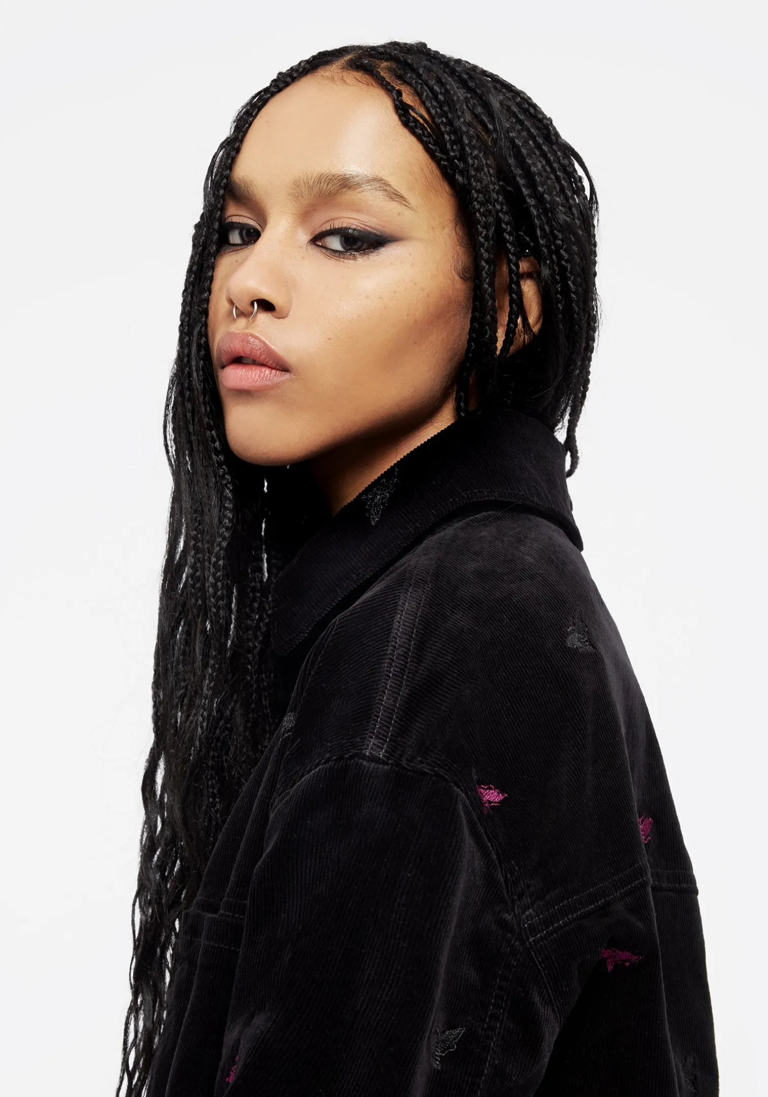 Styx Moth Embroidered Cord Shacket