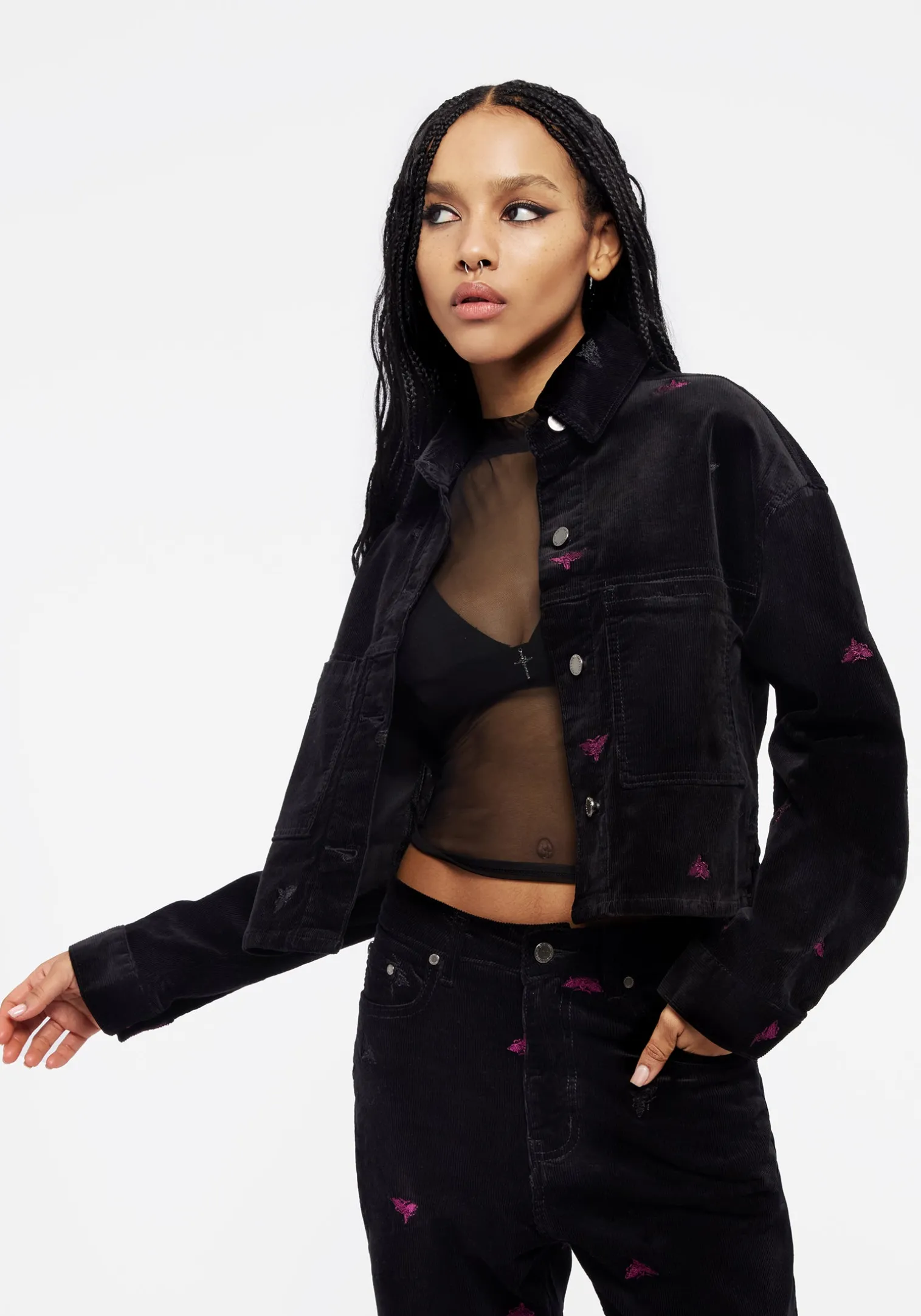 Styx Moth Embroidered Cord Shacket