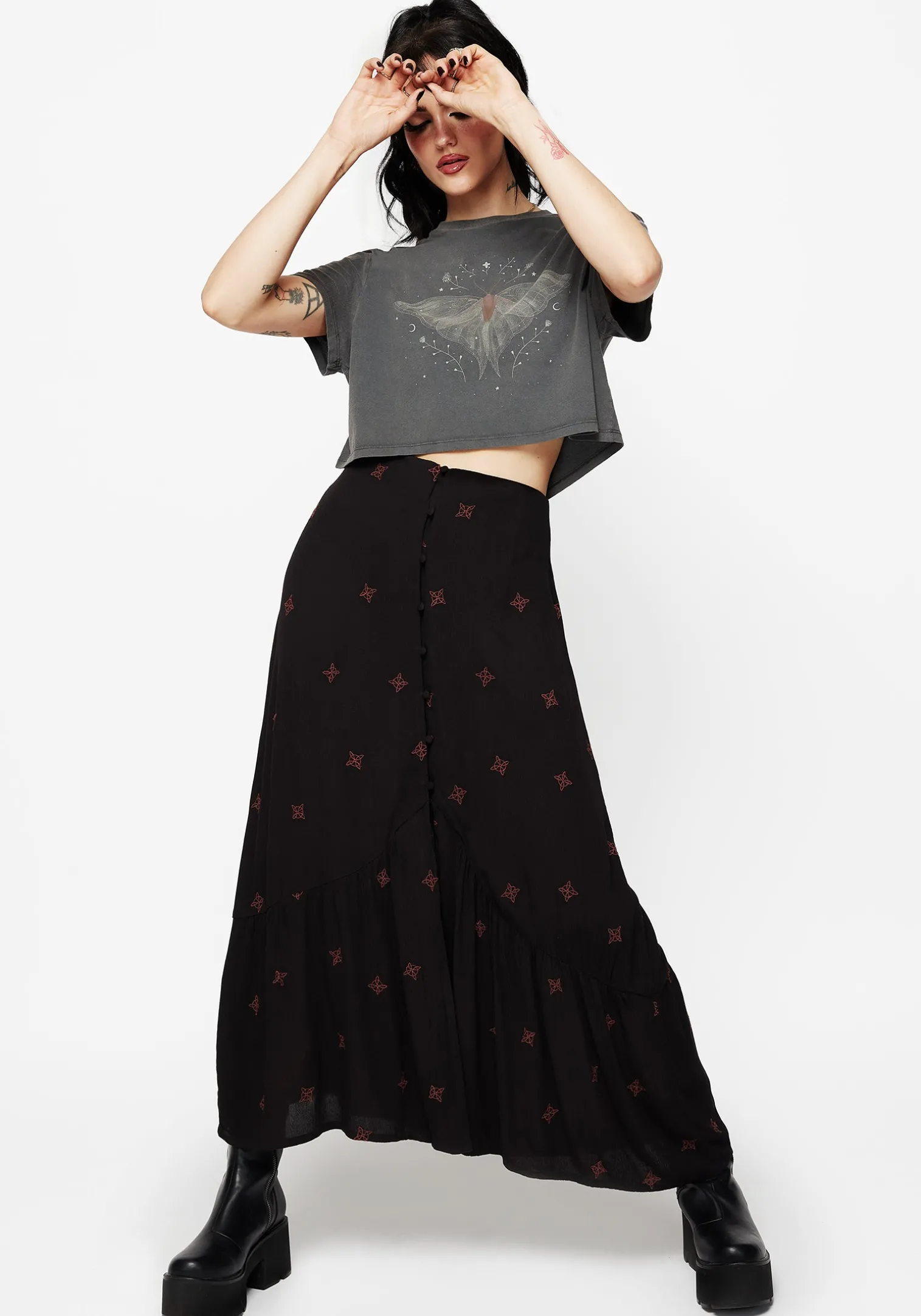 Sublime Witches Knot Embroidered Button Down Midaxi Skirt