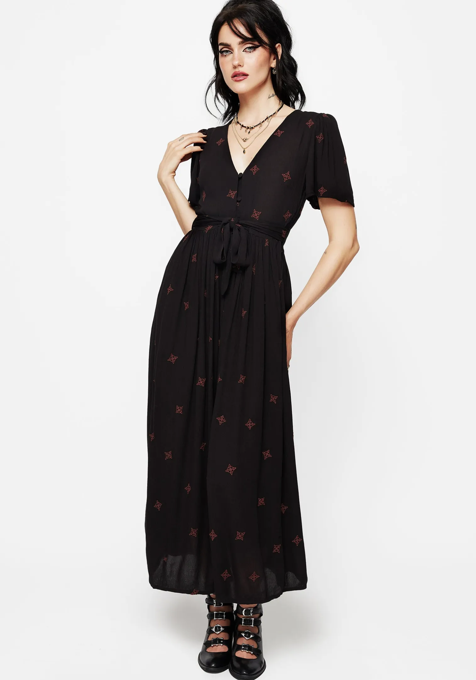 Sublime Witches Knot Embroidered Button Up Midi Dress