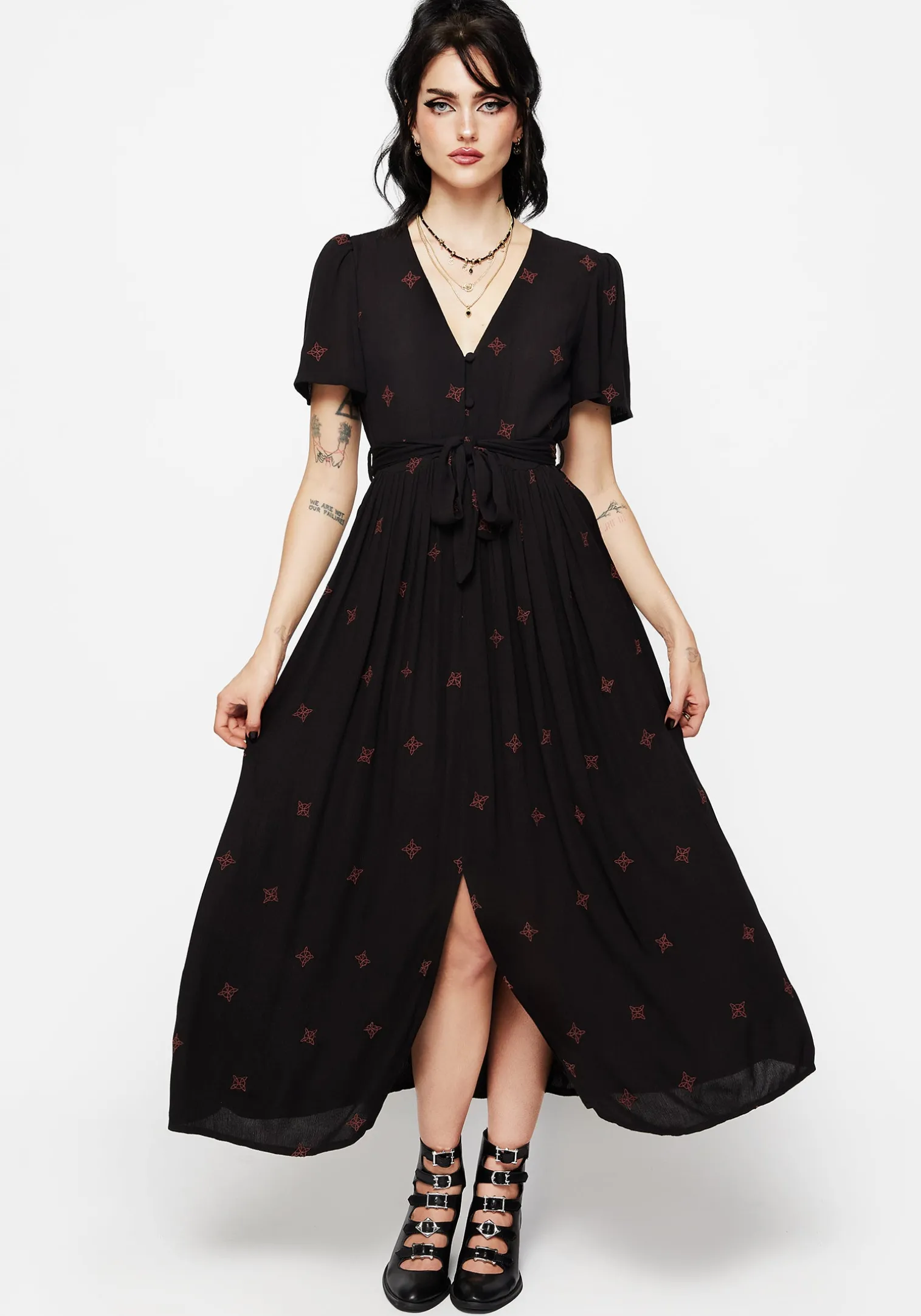 Sublime Witches Knot Embroidered Button Up Midi Dress