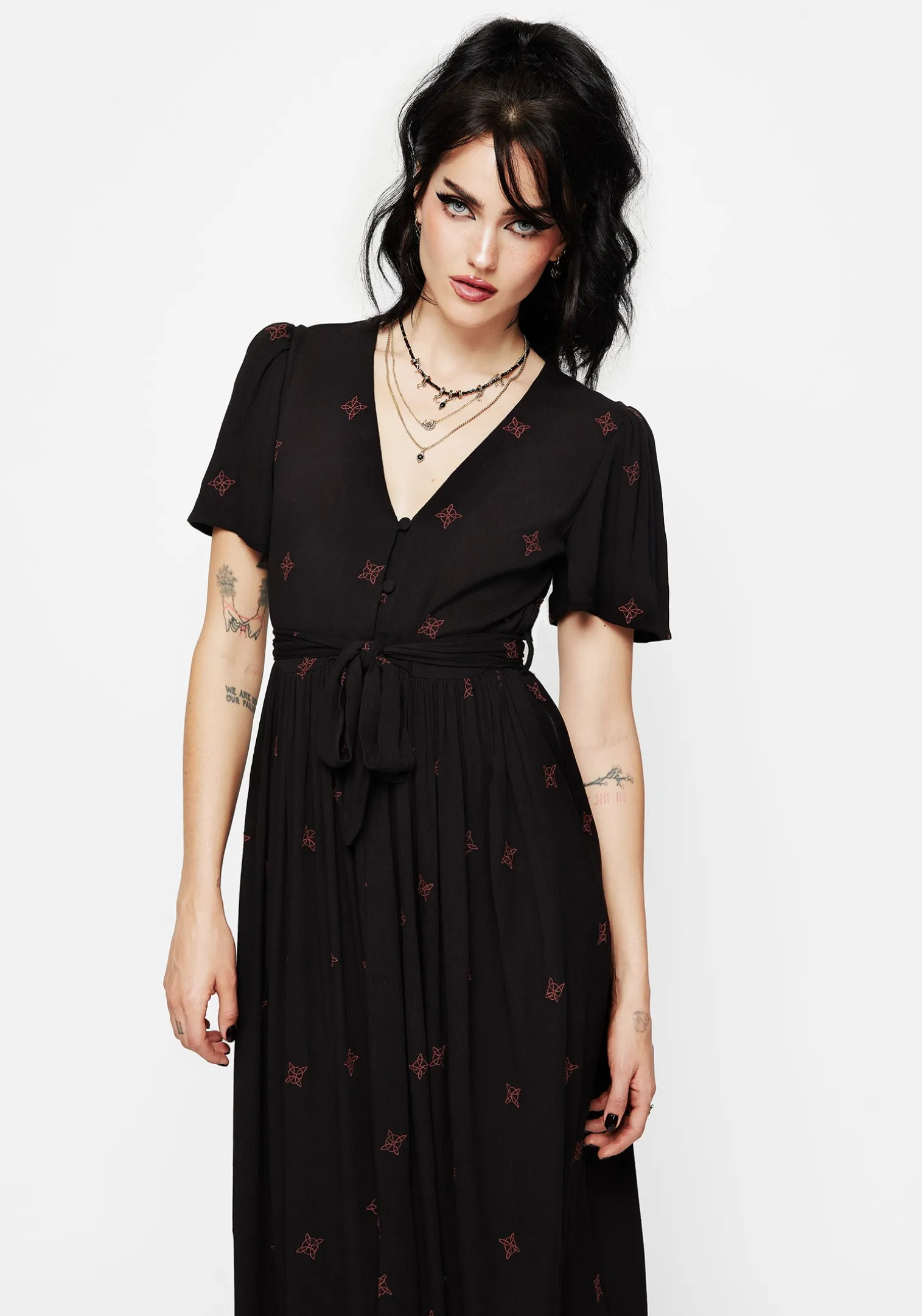 Sublime Witches Knot Embroidered Button Up Midi Dress