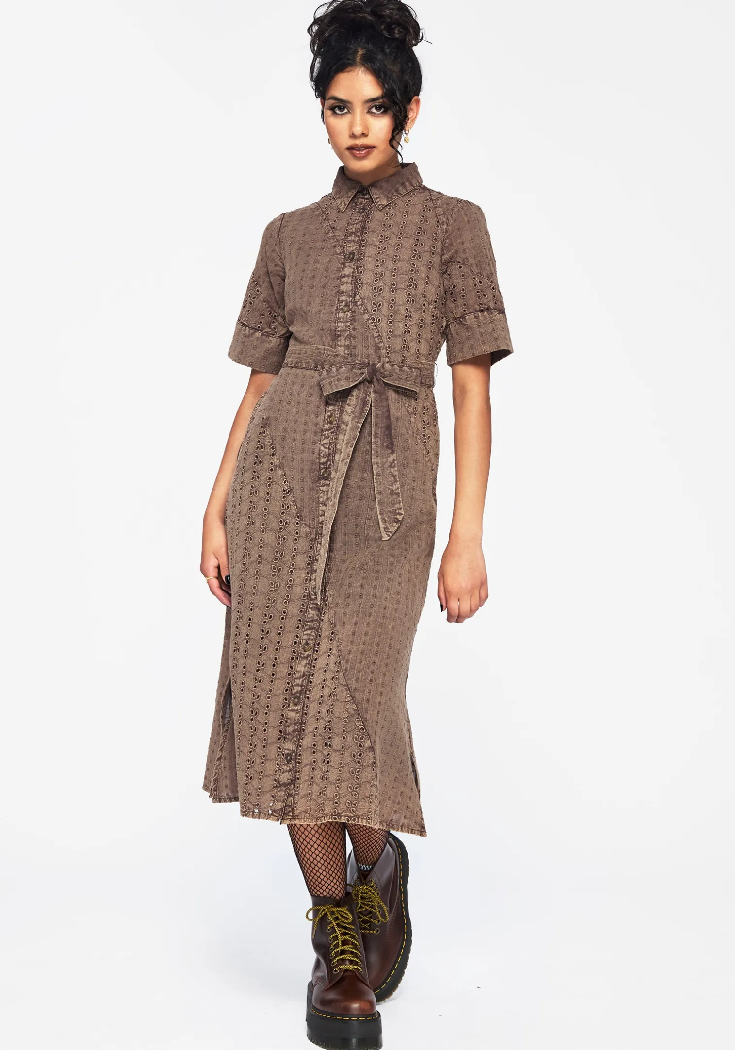 Summerisle Cotton Broderie Detail Tie Wrap Midi Shirt Dress