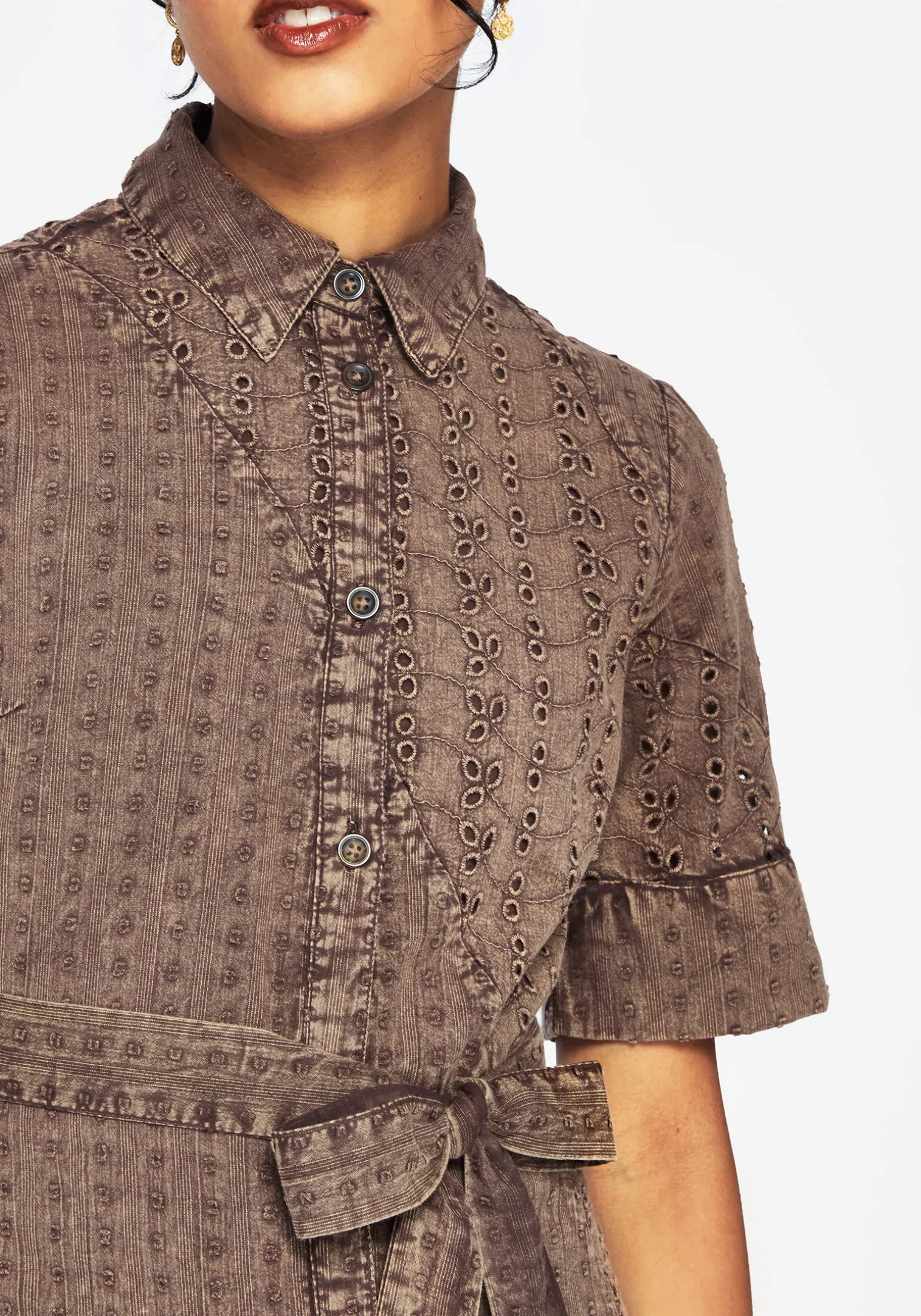 Summerisle Cotton Broderie Detail Tie Wrap Midi Shirt Dress