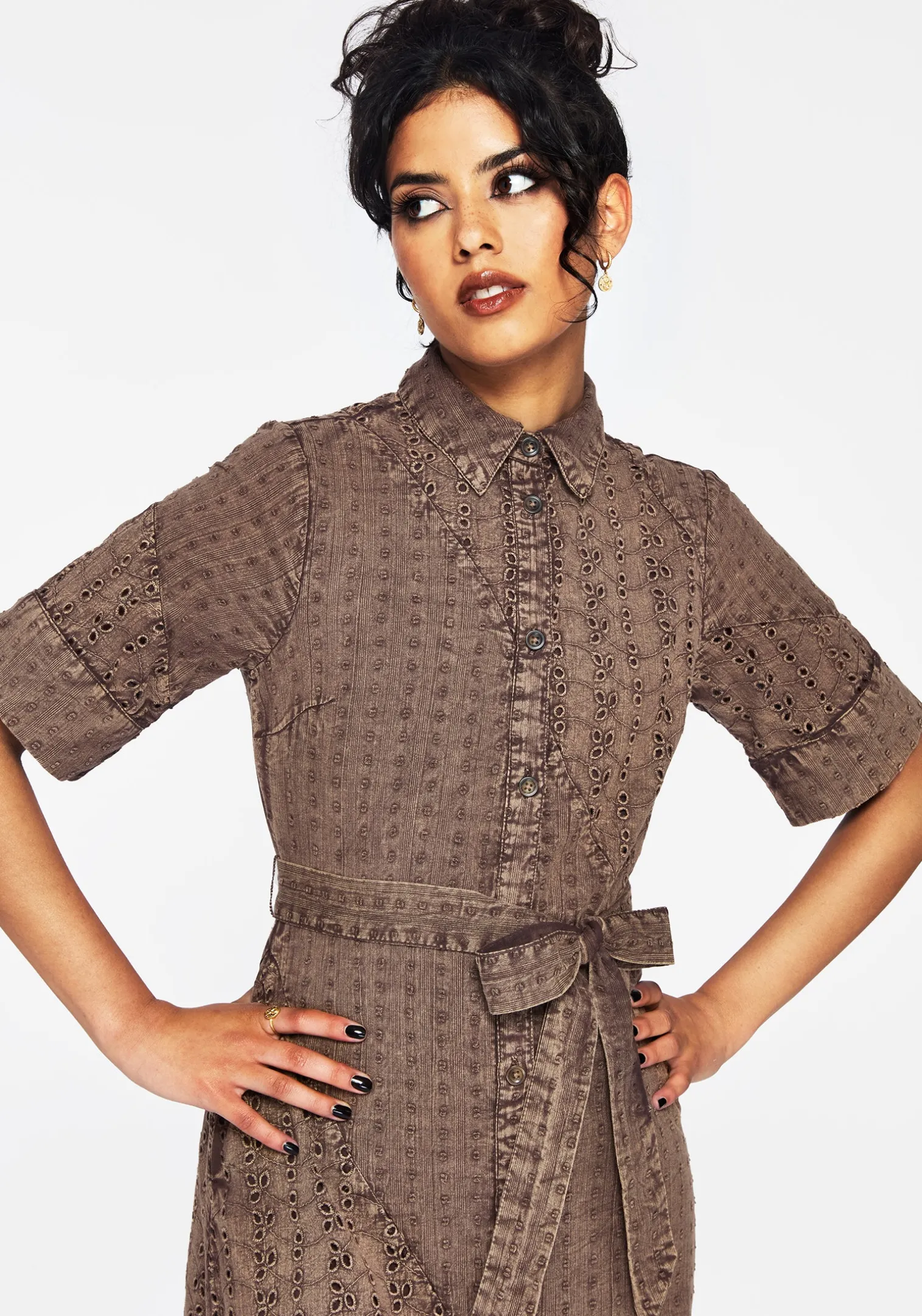 Summerisle Cotton Broderie Detail Tie Wrap Midi Shirt Dress