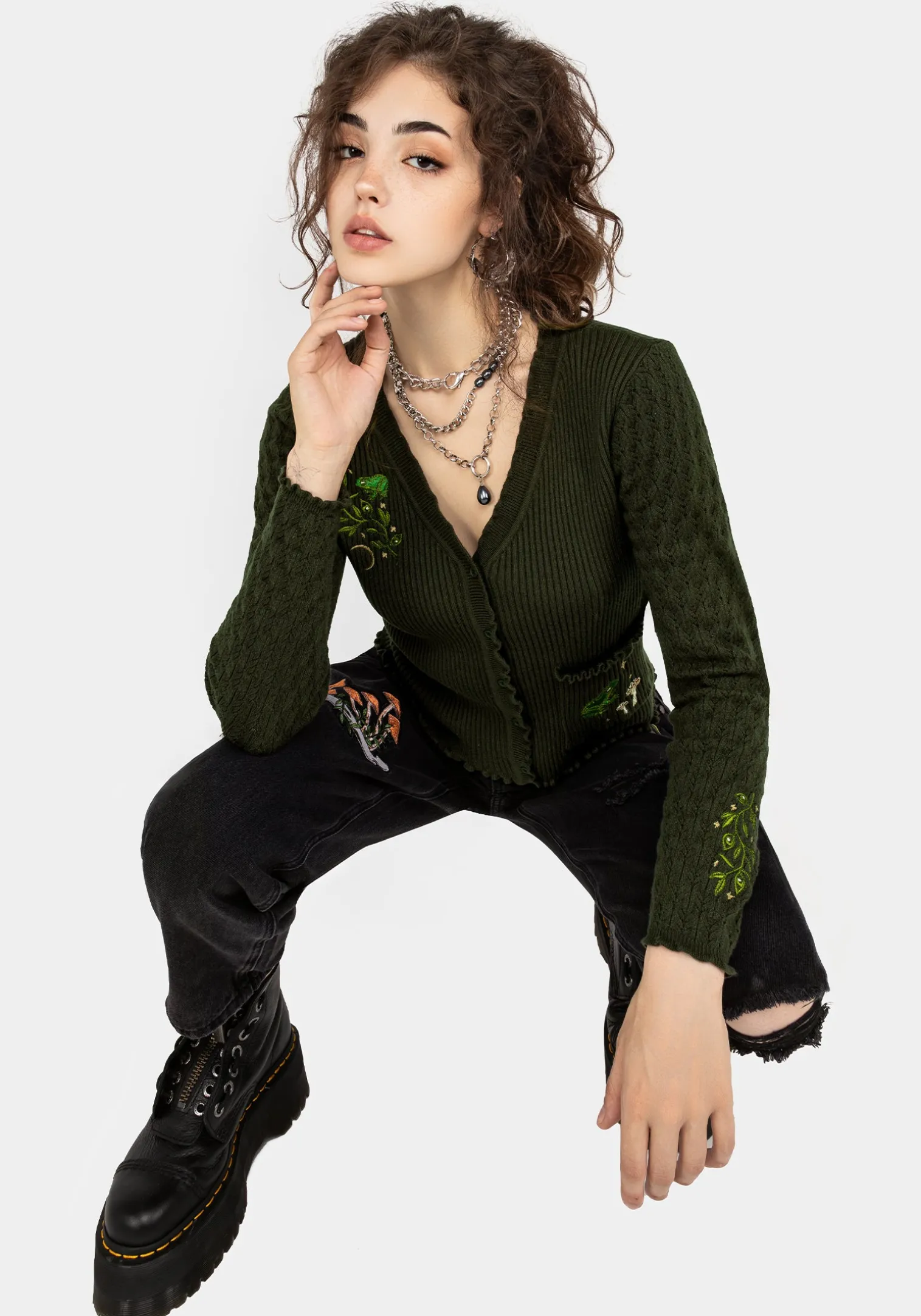 Swamplife Embroidered Pointelle Knit Crop Cardigan