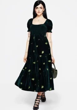 Swamplife Frog Embroidered Velour Tiered Midi Dress