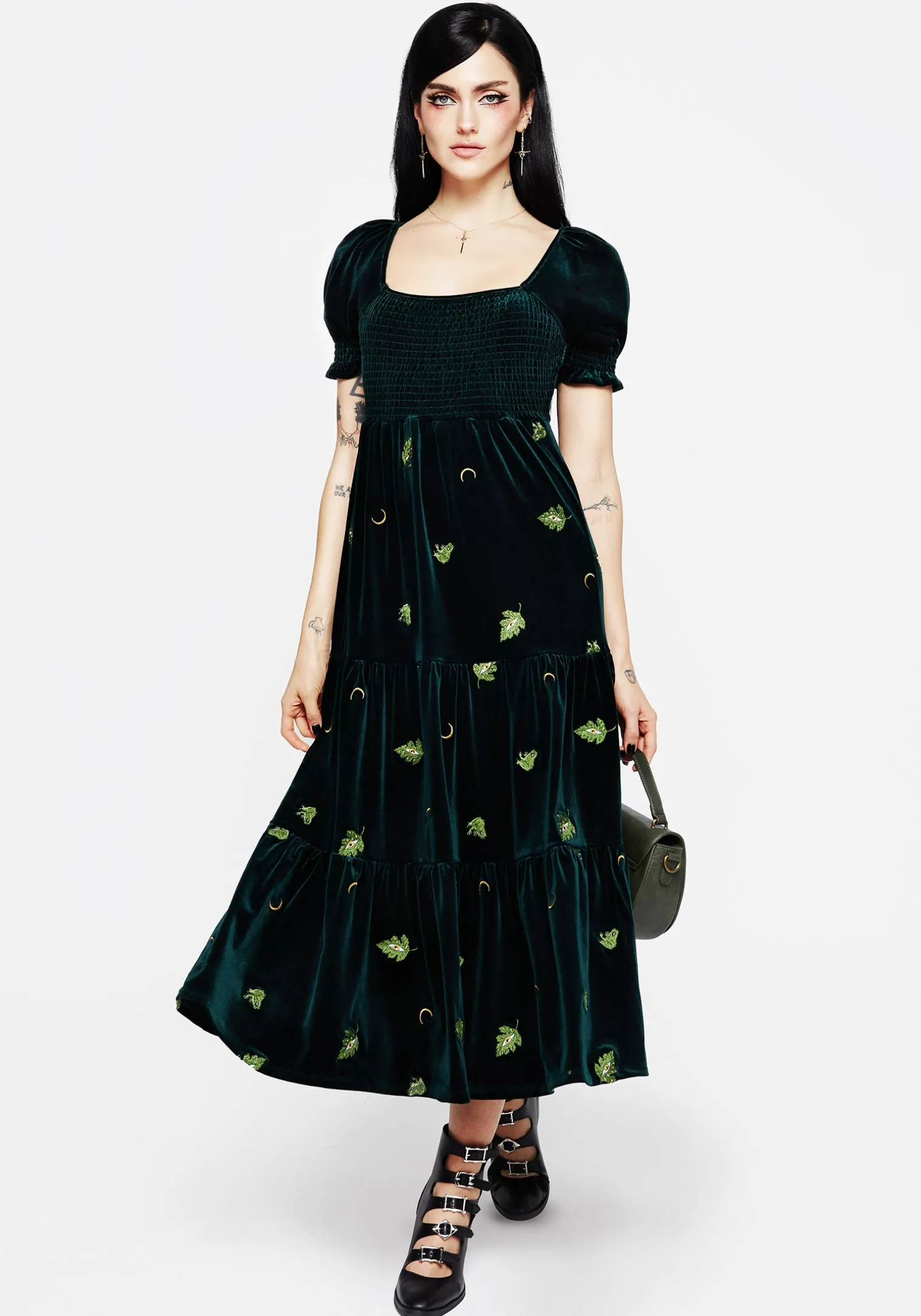 Swamplife Frog Embroidered Velour Tiered Midi Dress