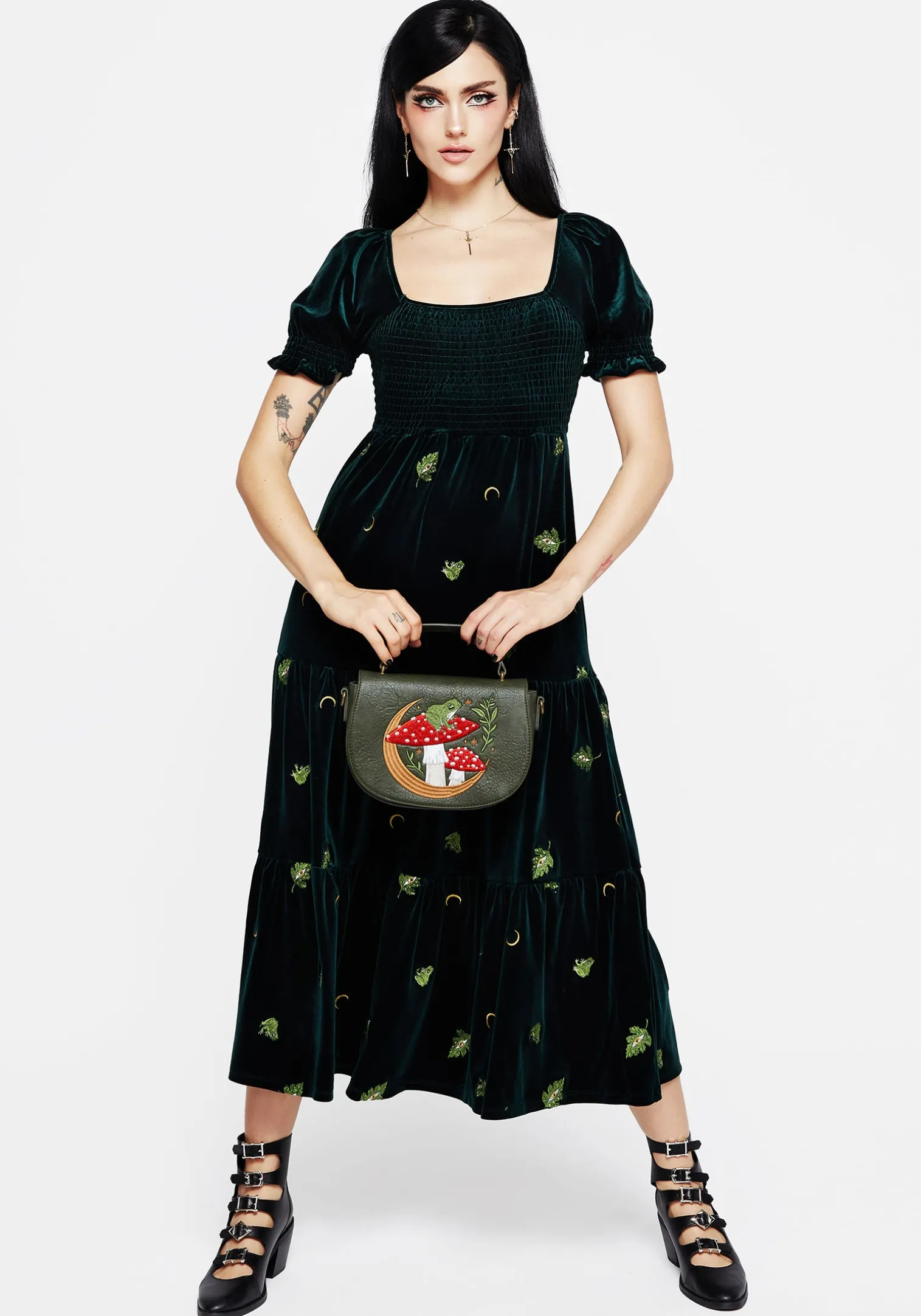 Swamplife Frog Embroidered Velour Tiered Midi Dress