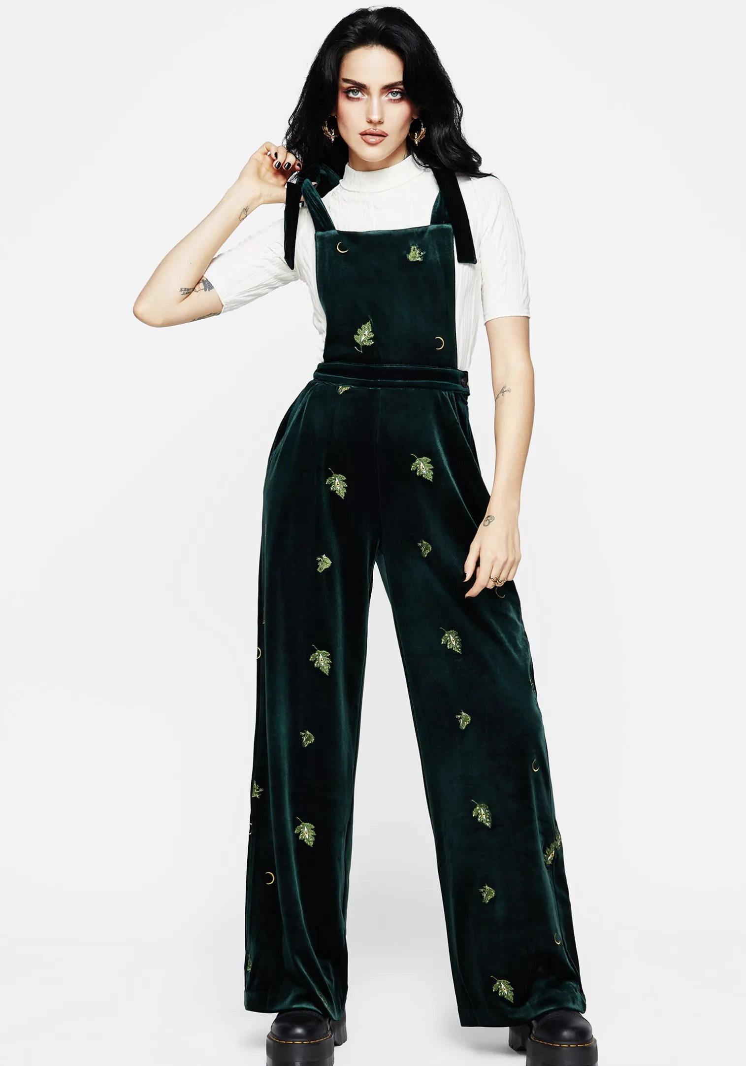 Swamplife Frog Embroidered Velour Wide Leg Dungarees