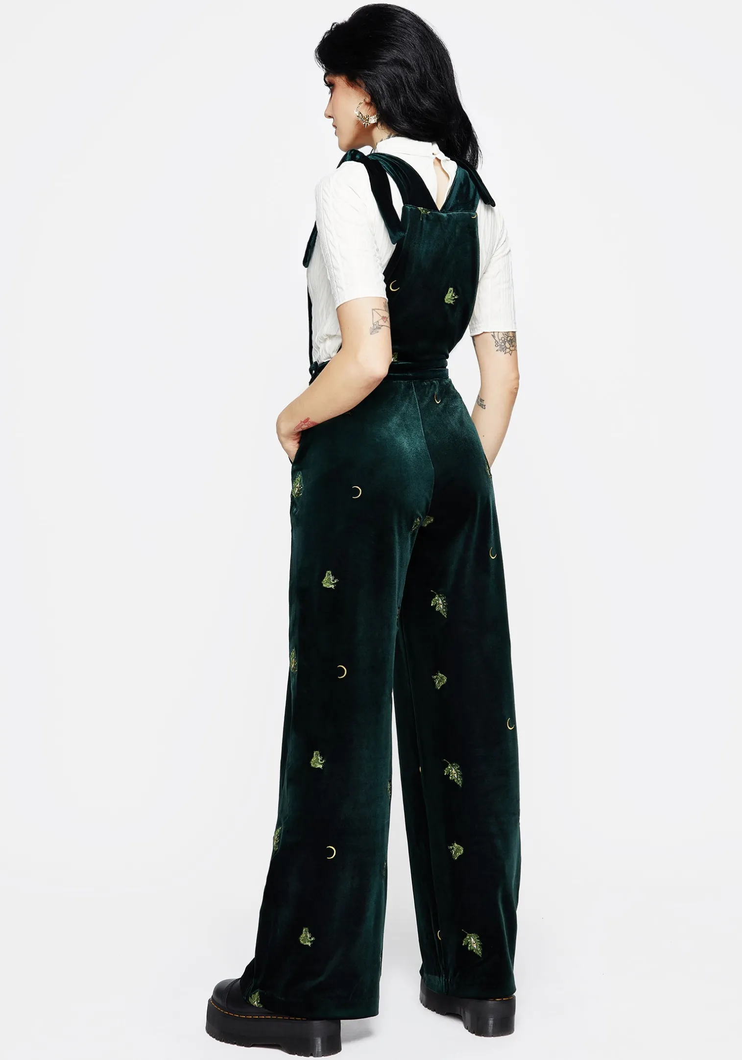 Swamplife Frog Embroidered Velour Wide Leg Dungarees