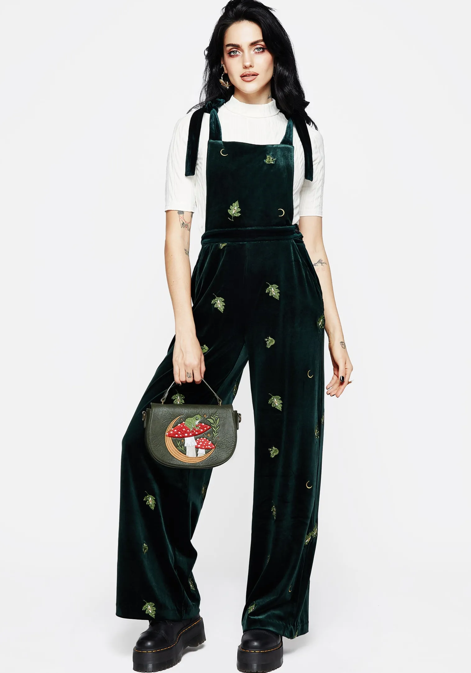 Swamplife Frog Embroidered Velour Wide Leg Dungarees
