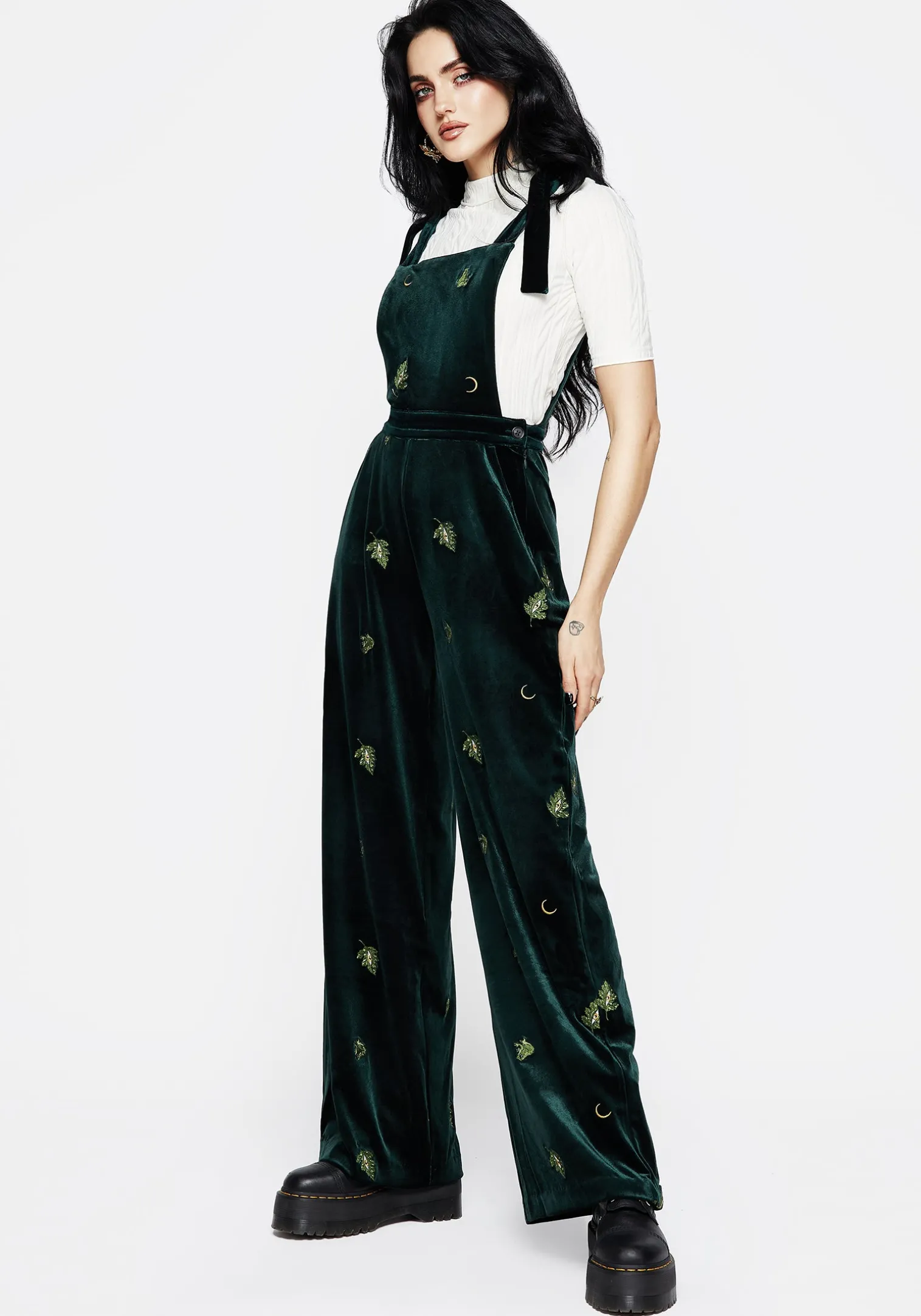 Swamplife Frog Embroidered Velour Wide Leg Dungarees