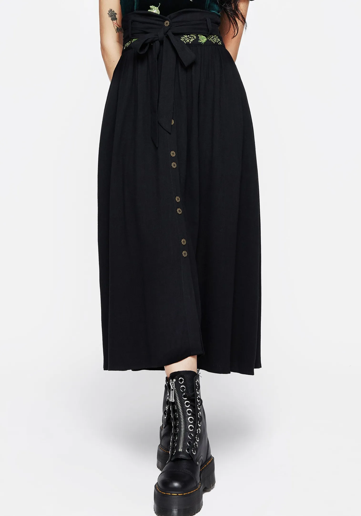 Swamplife Frog Embroidered Linen Blend High Waist Midaxi Skirt