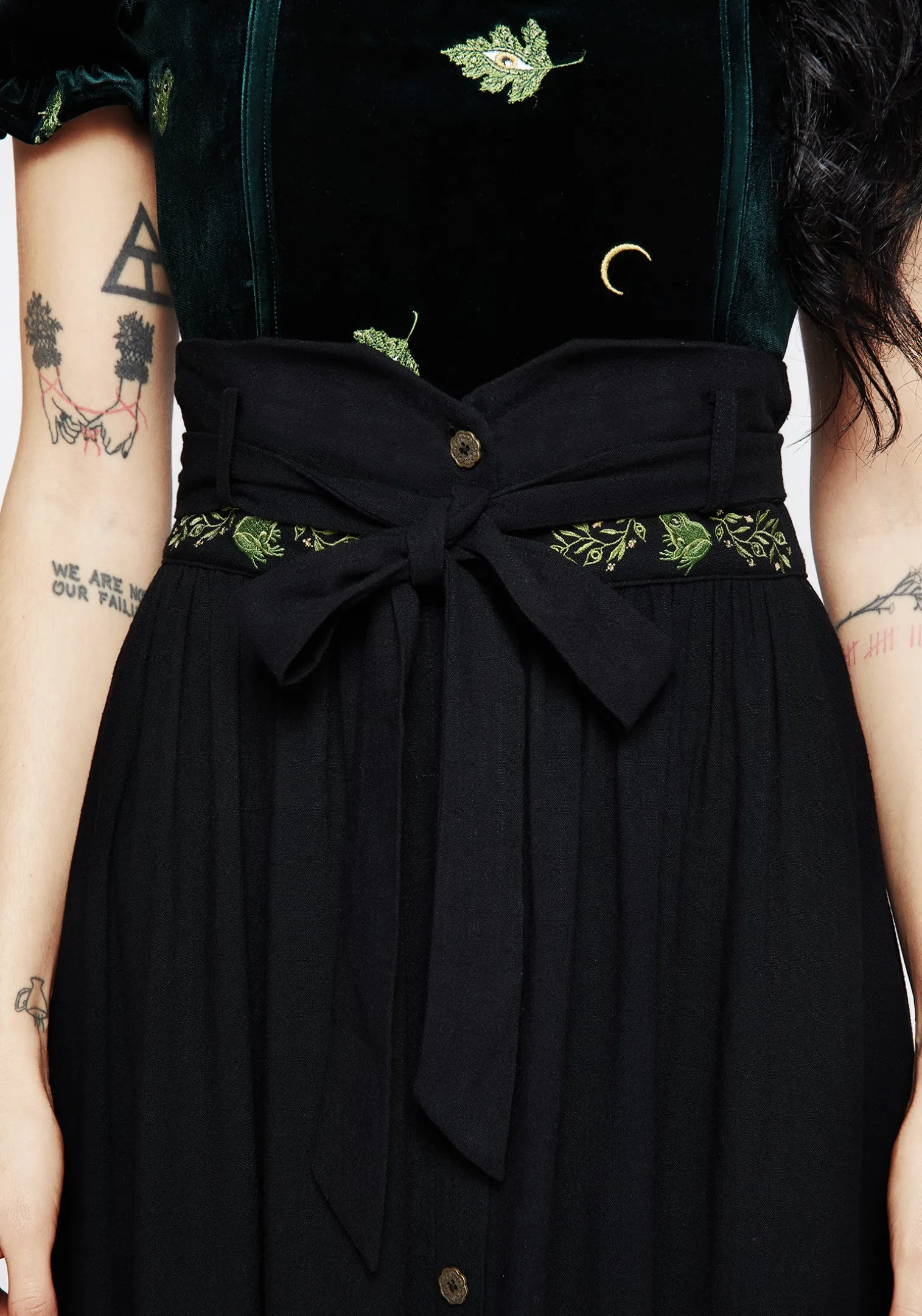 Swamplife Frog Embroidered Linen Blend High Waist Midaxi Skirt