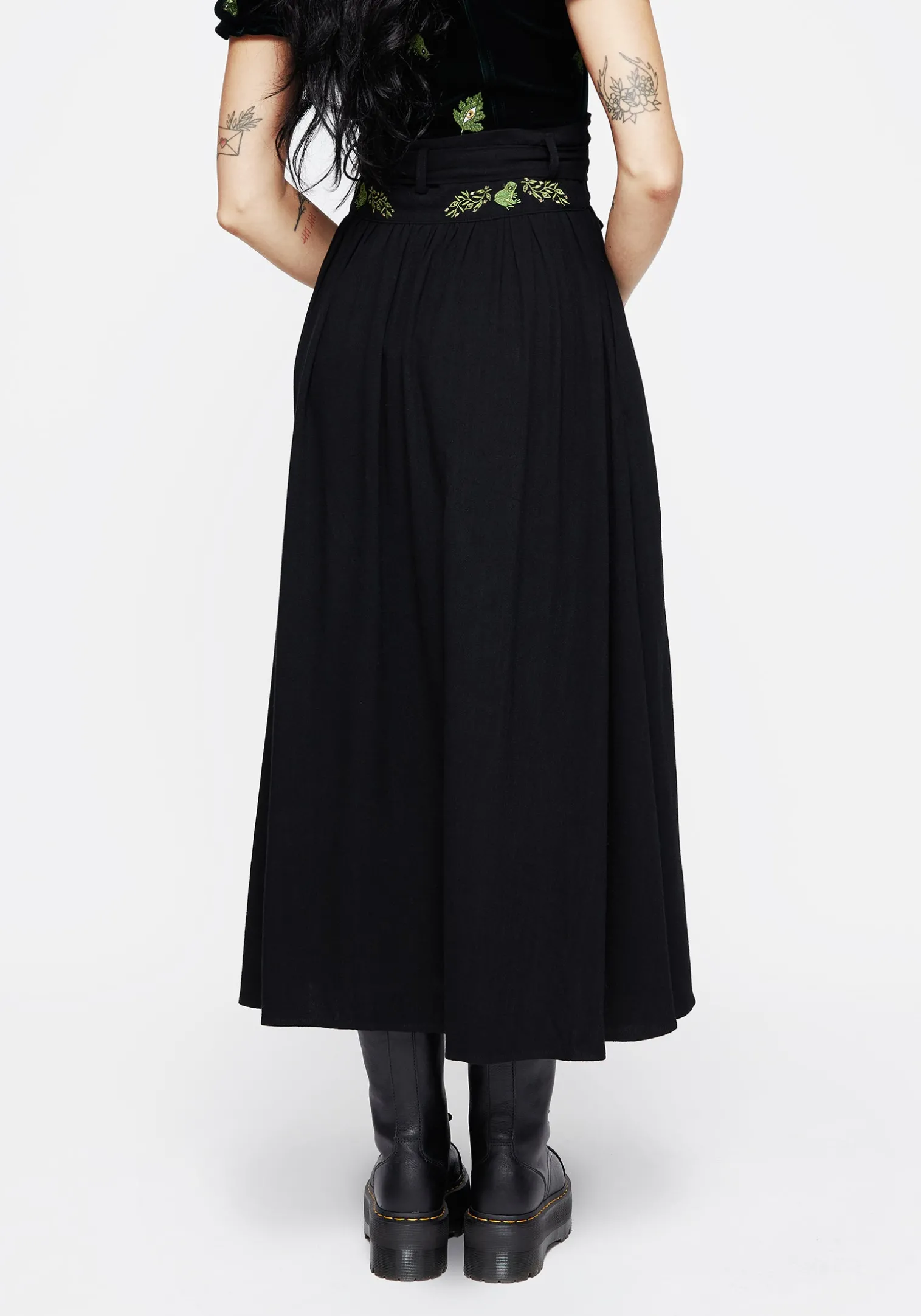 Swamplife Frog Embroidered Linen Blend High Waist Midaxi Skirt