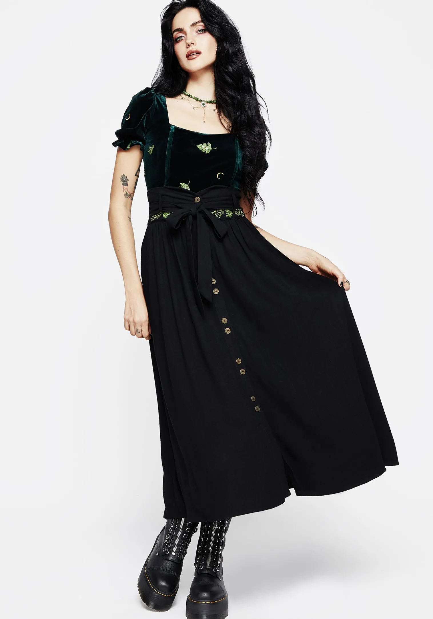 Swamplife Frog Embroidered Linen Blend High Waist Midaxi Skirt