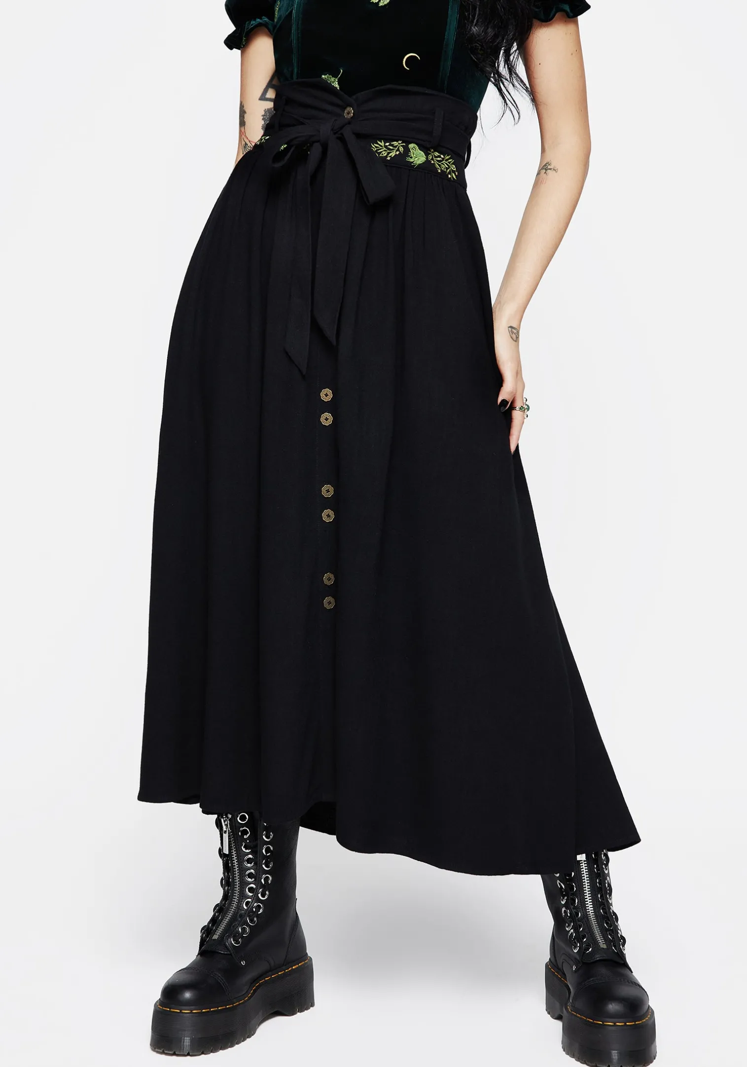 Swamplife Frog Embroidered Linen Blend High Waist Midaxi Skirt