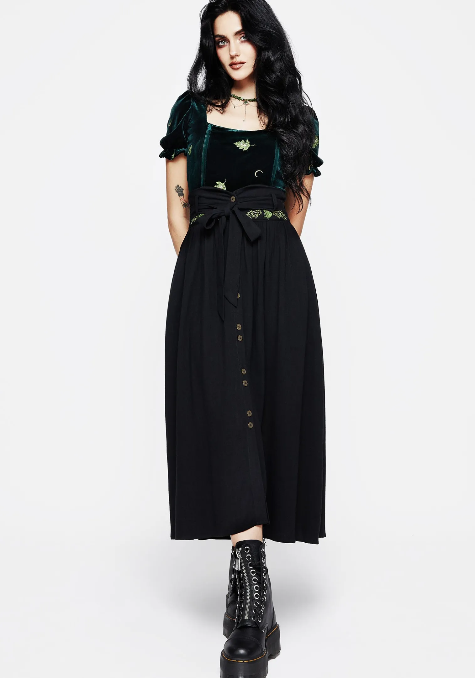 Swamplife Frog Embroidered Linen Blend High Waist Midaxi Skirt