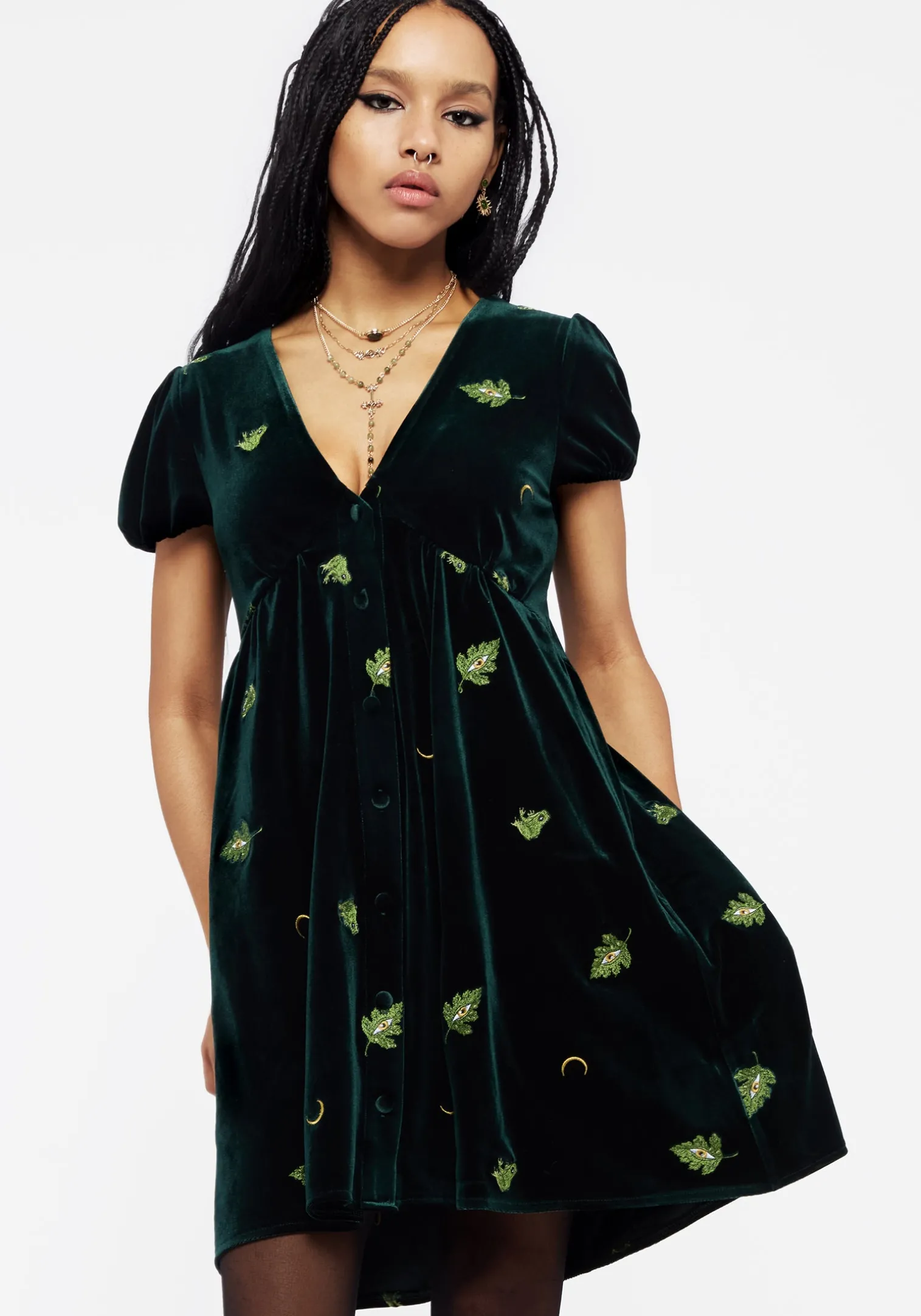 Swamplife Frog Embroidered Velour Button Up Mini Dress