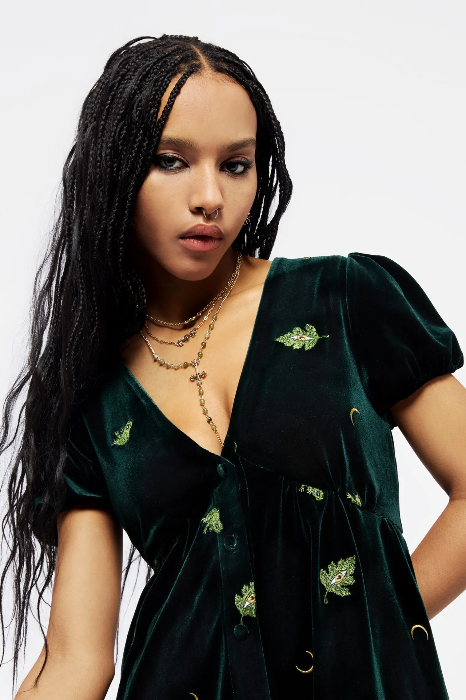 Swamplife Frog Embroidered Velour Button Up Mini Dress