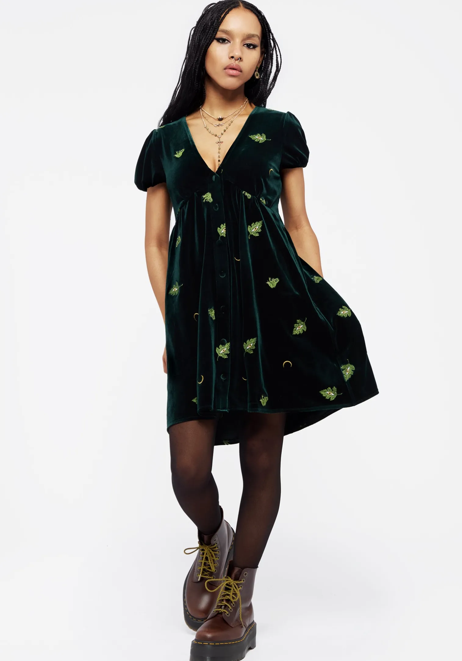 Swamplife Frog Embroidered Velour Button Up Mini Dress