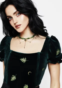 Swamplife Frog Embroidered Velour Puff Sleeve Corset Top