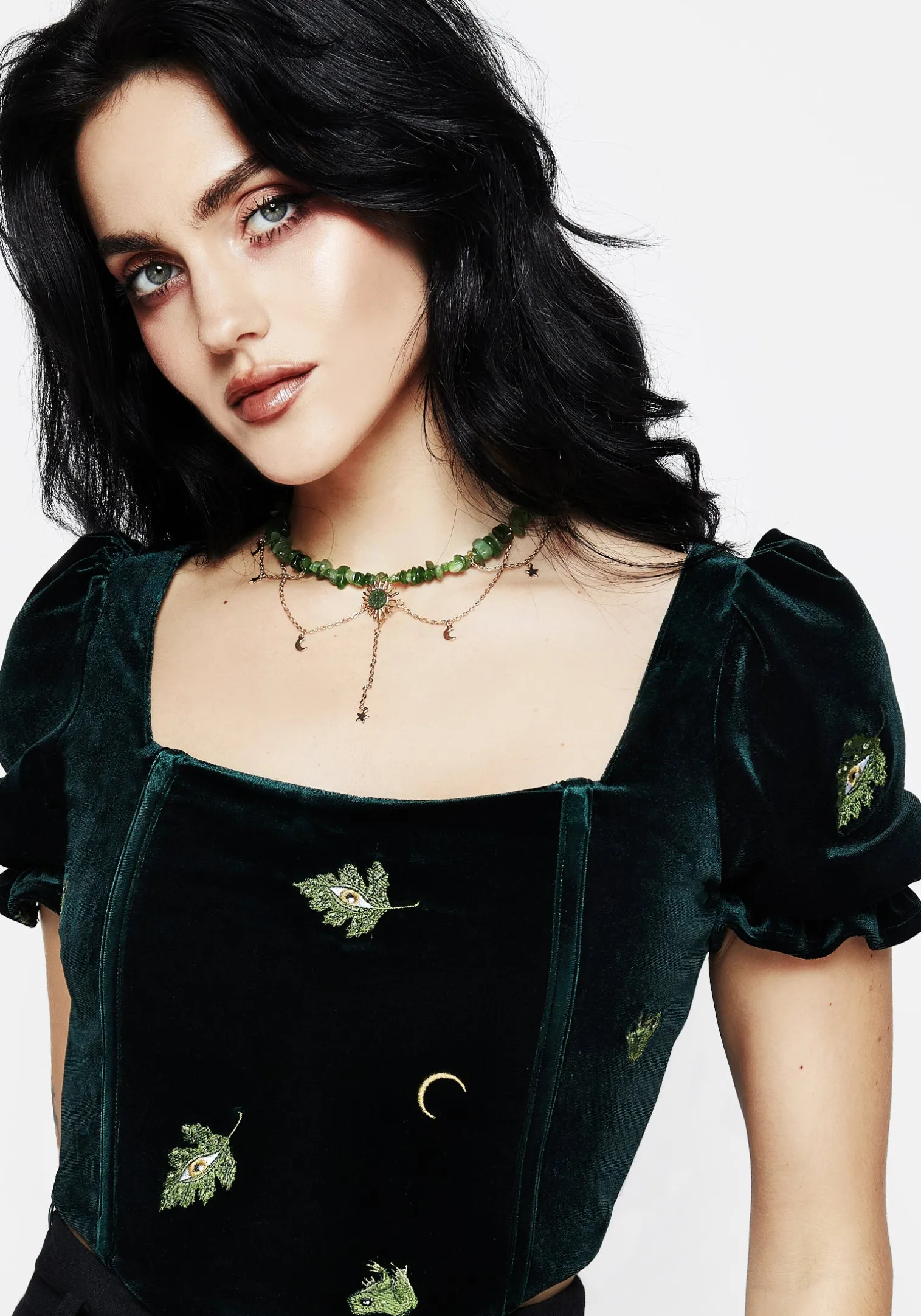 Swamplife Frog Embroidered Velour Puff Sleeve Corset Top