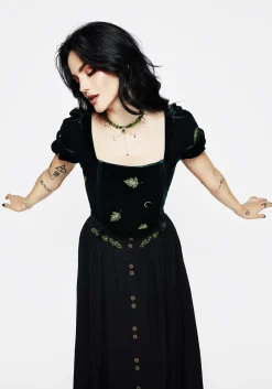 Swamplife Frog Embroidered Velour Puff Sleeve Corset Top