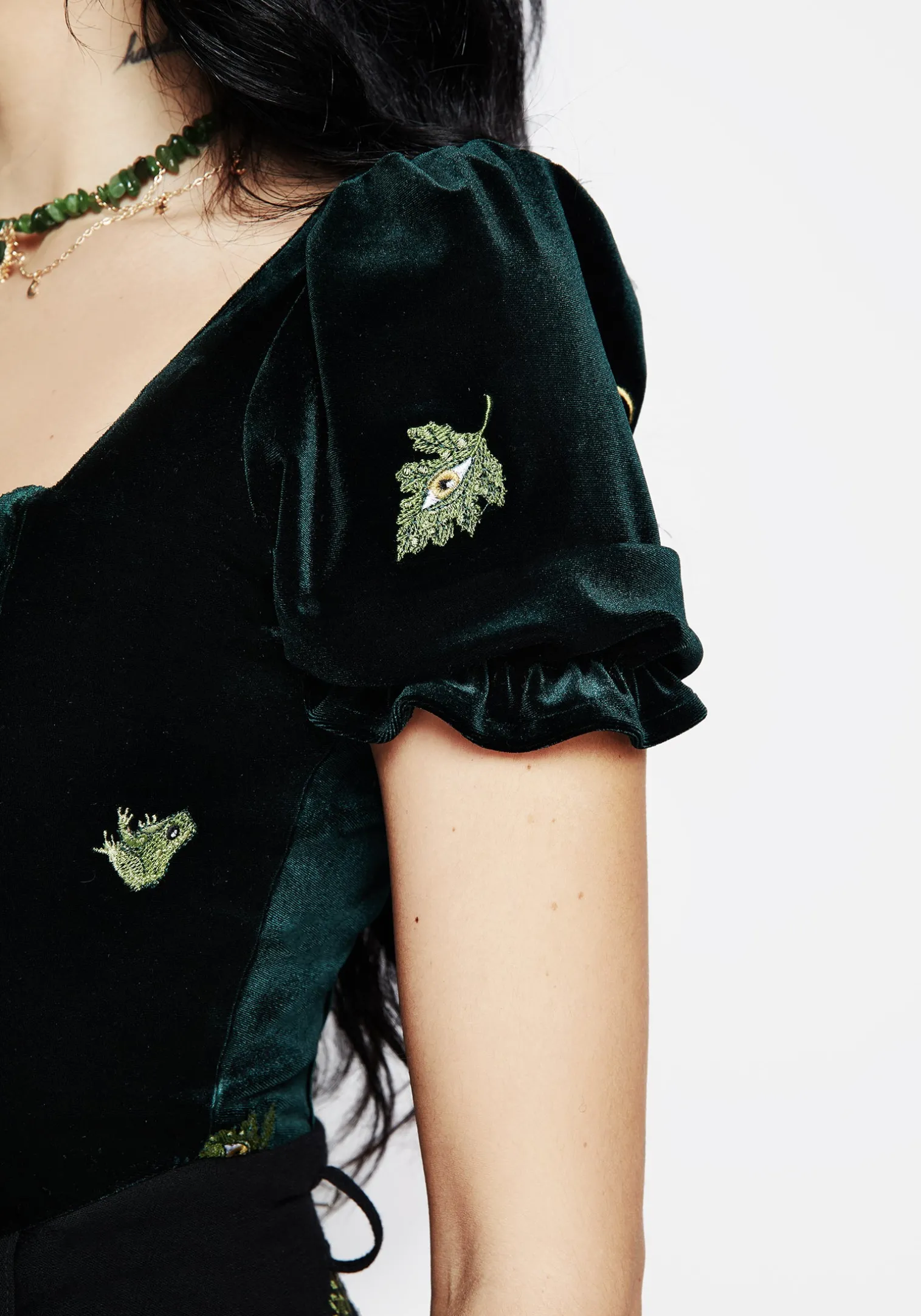 Swamplife Frog Embroidered Velour Puff Sleeve Corset Top