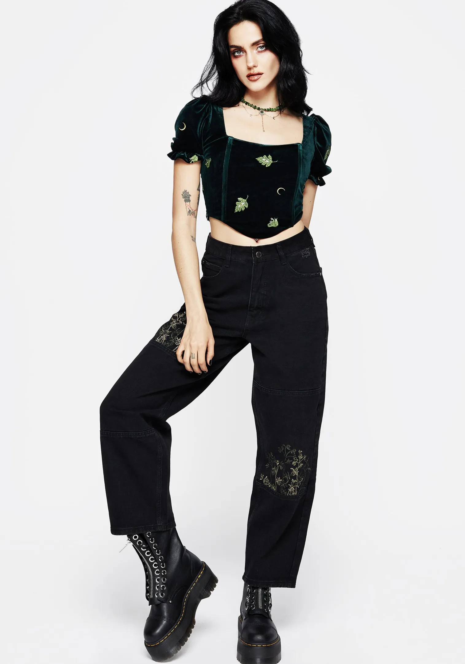 Swamplife Frog Embroidered Velour Puff Sleeve Corset Top