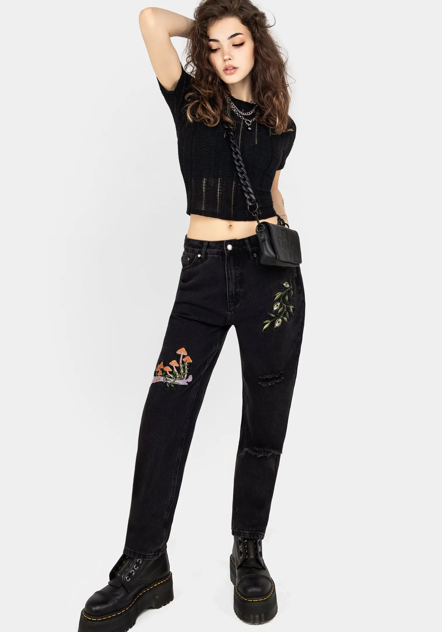 Swamplife Frog Embroidered Distressed Mom Jeans