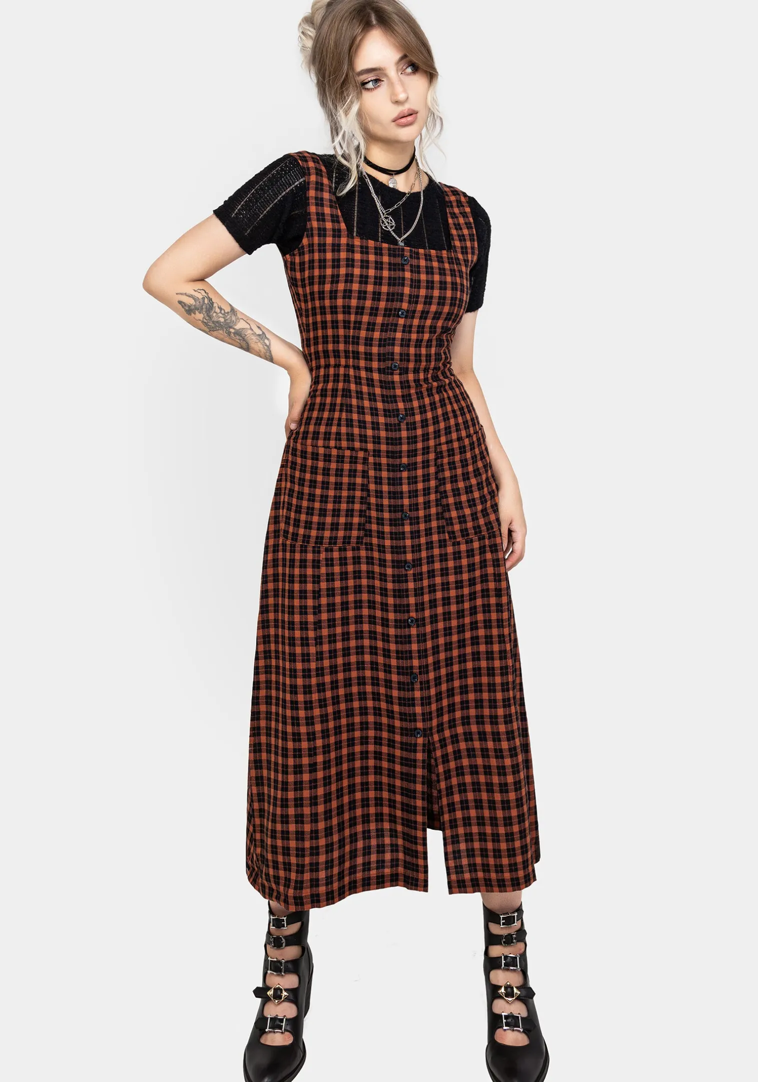 Terra Check Button Up Midaxi Dress - Orange