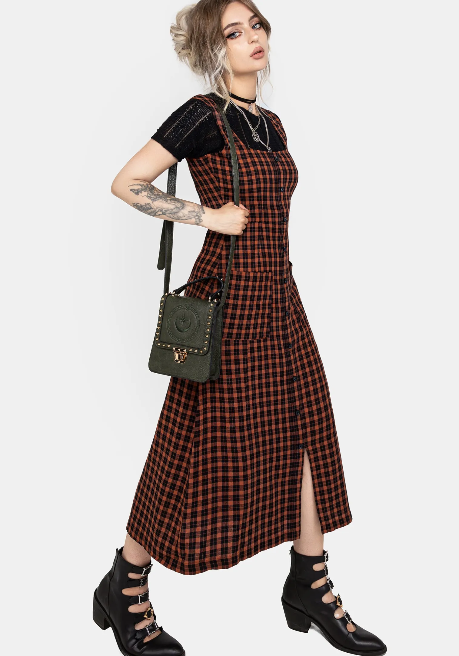 Terra Check Button Up Midaxi Dress - Orange