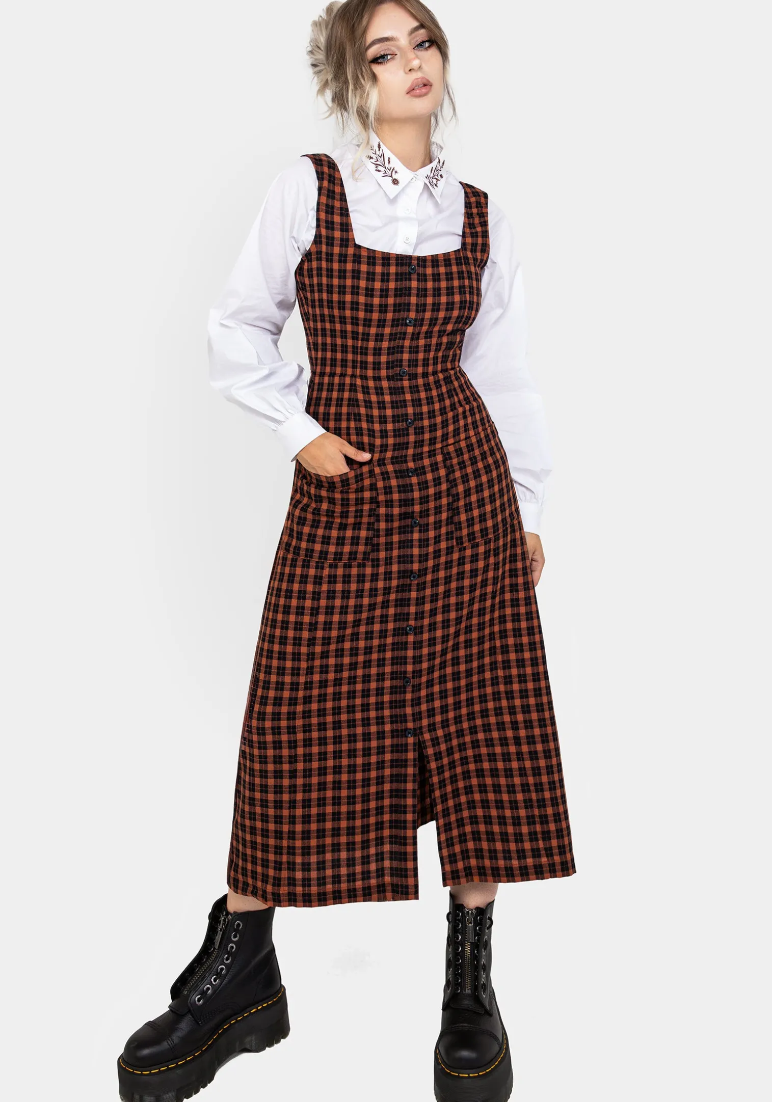 Terra Check Button Up Midaxi Dress - Orange