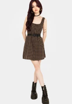 Terra Cotton Check Sleeveless Button Up Mini Dress - Brown