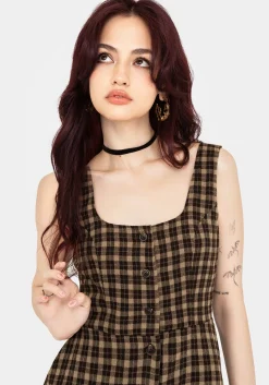 Terra Cotton Check Sleeveless Button Up Mini Dress - Brown