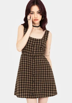 Terra Cotton Check Sleeveless Button Up Mini Dress - Brown