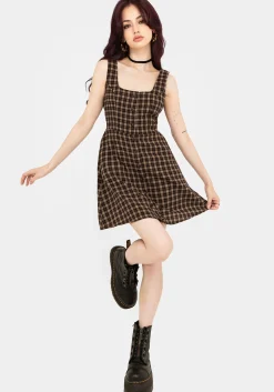 Terra Cotton Check Sleeveless Button Up Mini Dress - Brown