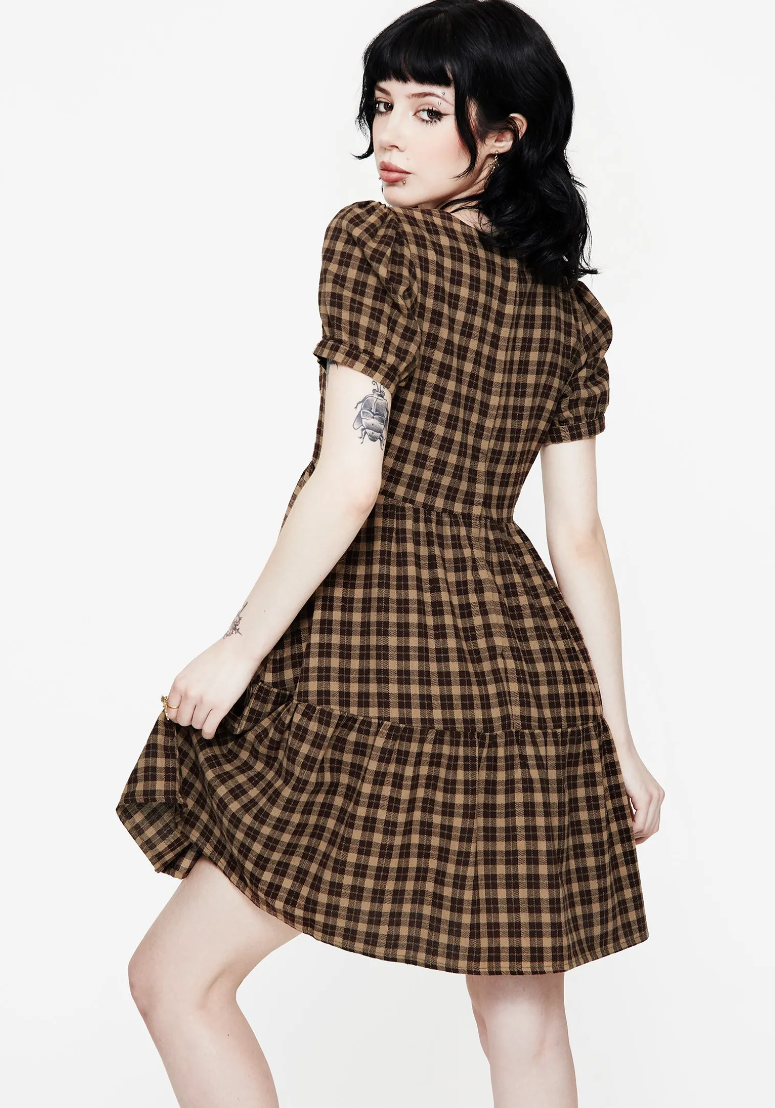 Terra Cotton Check Smock Mini Dress - Brown