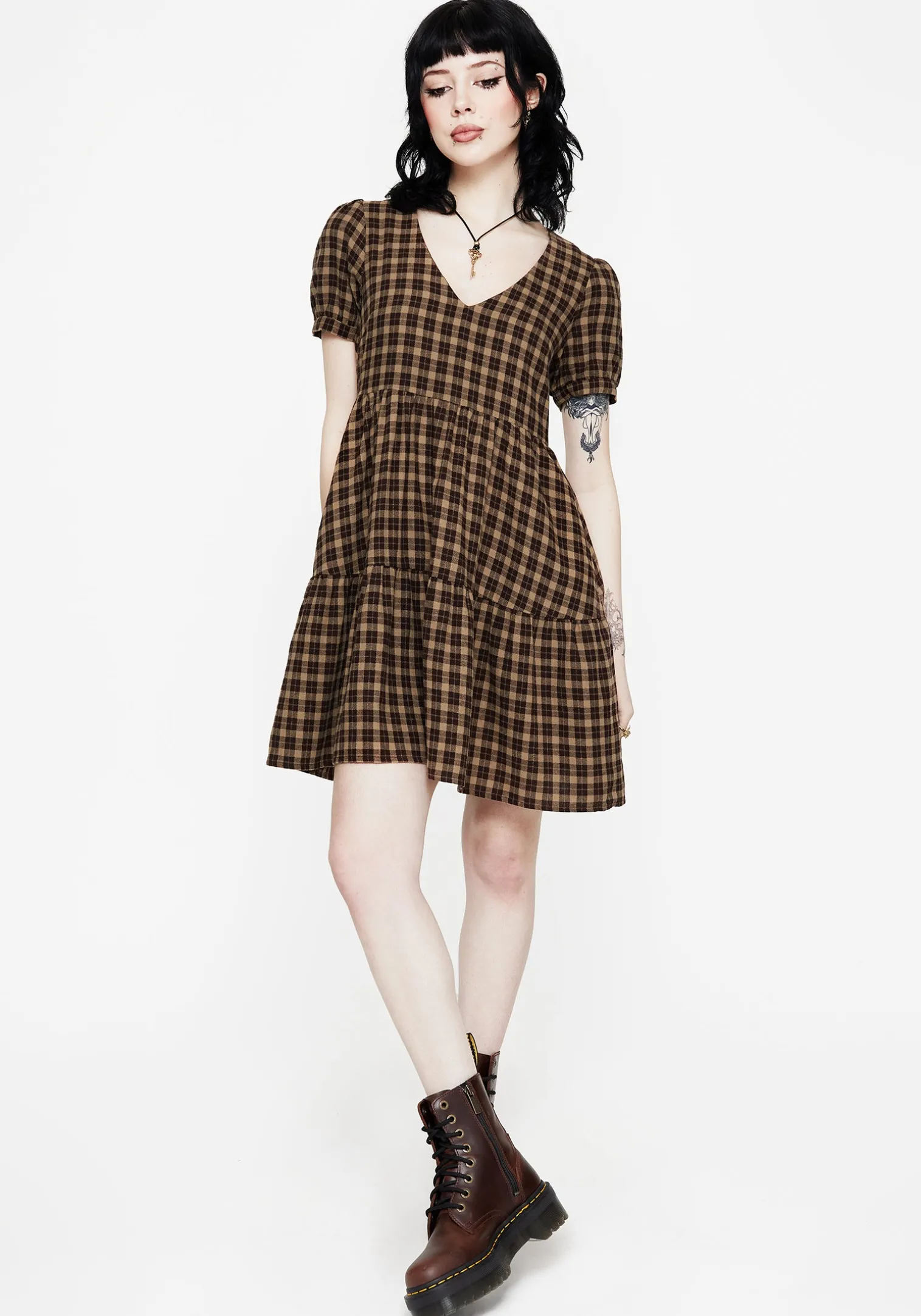 Terra Cotton Check Smock Mini Dress - Brown