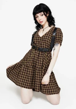 Terra Cotton Check Smock Mini Dress - Brown