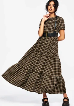 Terra Cotton Check Smock Midaxi Dress - Brown