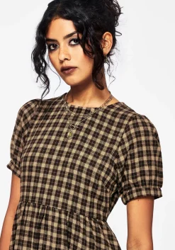 Terra Cotton Check Smock Midaxi Dress - Brown
