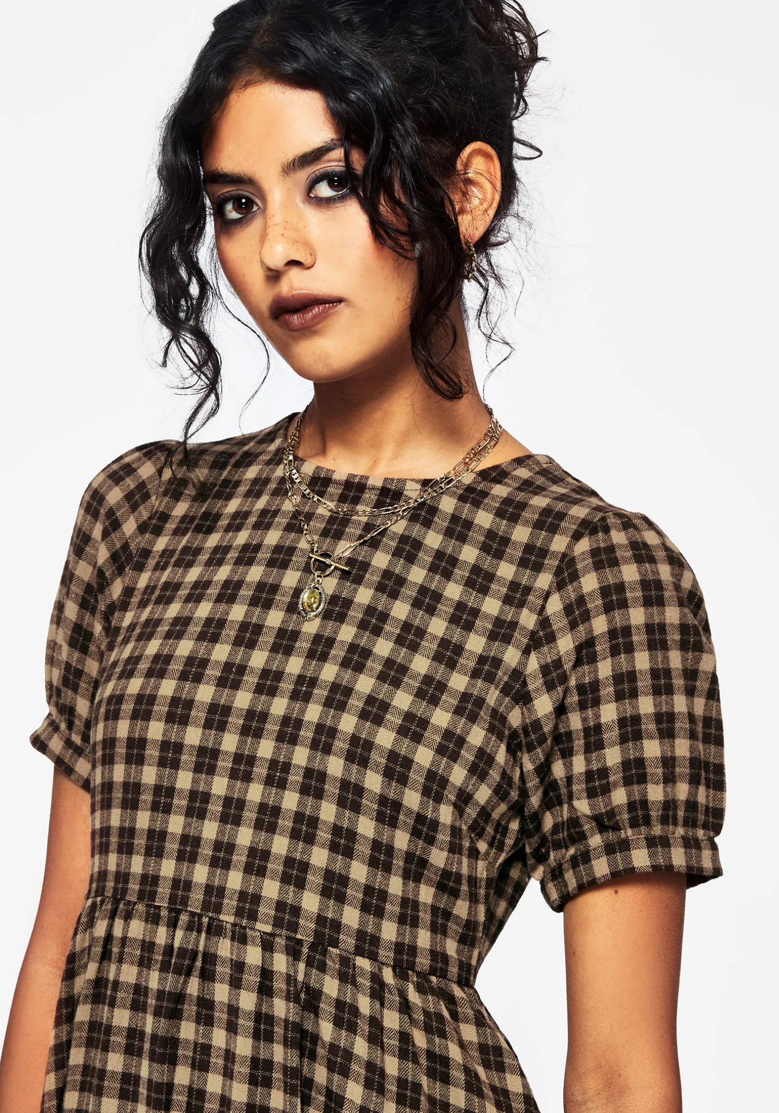 Terra Cotton Check Smock Midaxi Dress - Brown