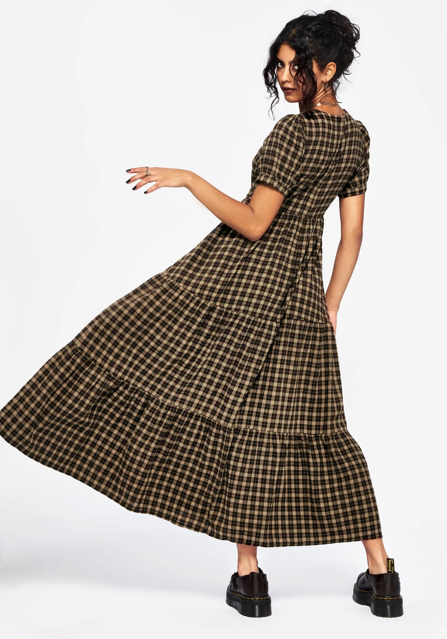 Terra Cotton Check Smock Midaxi Dress - Brown